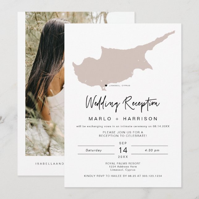 QUINN Blush Cyprus Map Wedding Reception Invitatio Invitation (Front/Back)