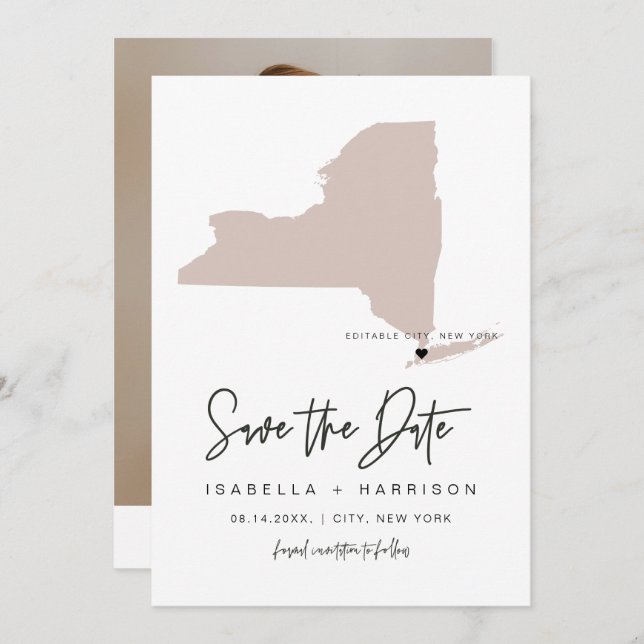 QUINN NEW YORK Blush Pink Map Photo Save the Date Invitation (Front/Back)