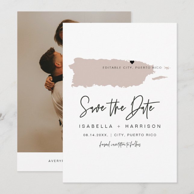 QUINN Puerto Rico Blush Pink Map Save the Date Invitation (Front/Back)