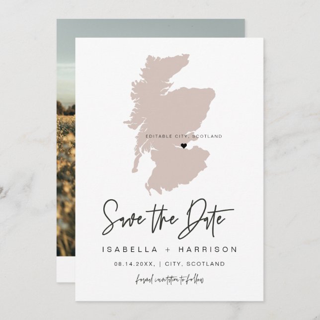 QUINN SCOTLAND Blush Pink Map Photo Save the Date Invitation (Front/Back)