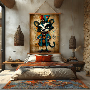 Quirky Abstract Raccoon Character Art Hanging Tapestry