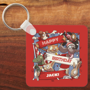 Quirky Animal Fans Personalised Birthday Cartoon Keychain