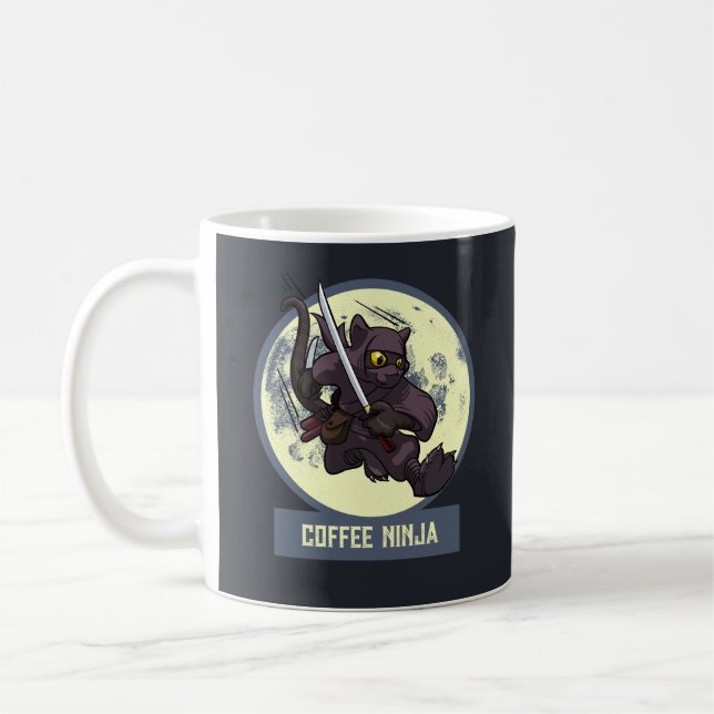 Quirky Black Cat Ninja Alternative Animal Artwork Coffee Mug (Left)