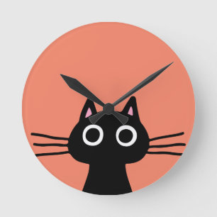 Quirky Black Kitty Cat with Long Whiskers Round Clock