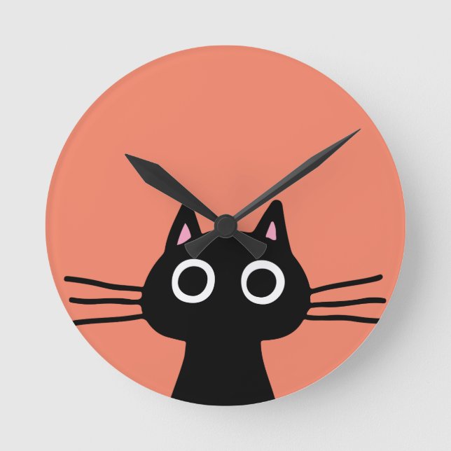 Quirky Black Kitty Cat with Long Whiskers Round Clock (Front)