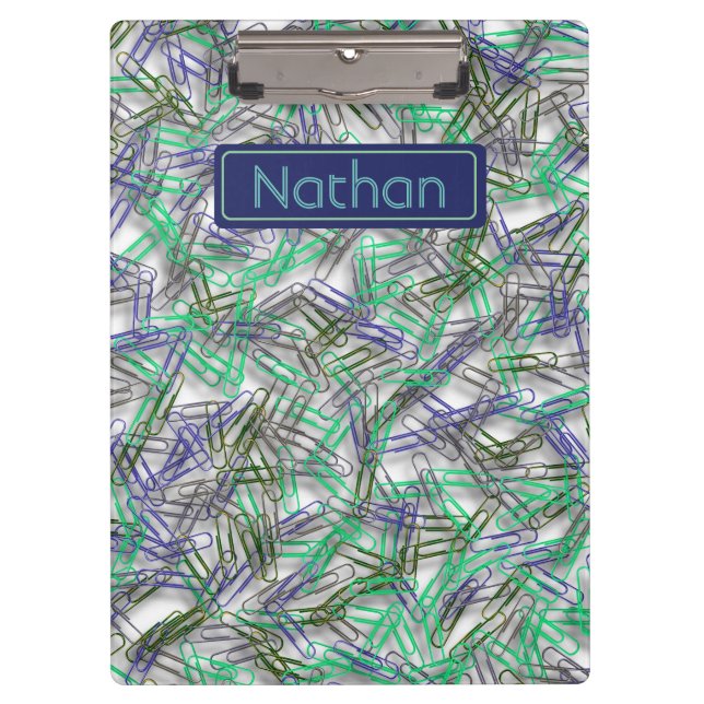 Quirky Blue Green Paperclips Personalised Clipboard (Front)