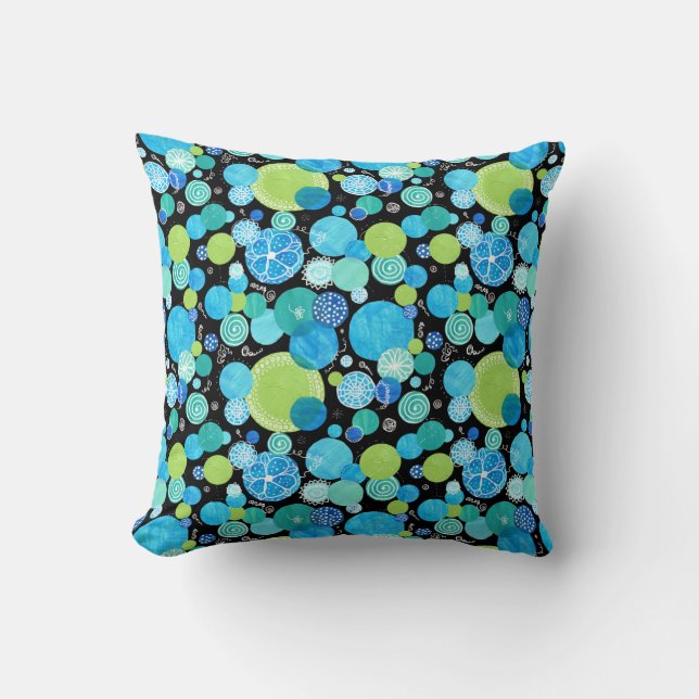 Quirky Blue Moons on Black Pattern Throw Pillow (Front)