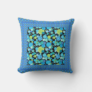 Quirky Blue Moons, Polka Dots on Black Throw Pillow