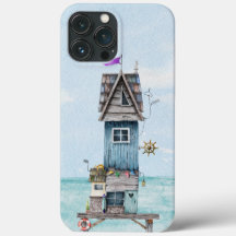 Quirky blue watercolor beach hut cottage