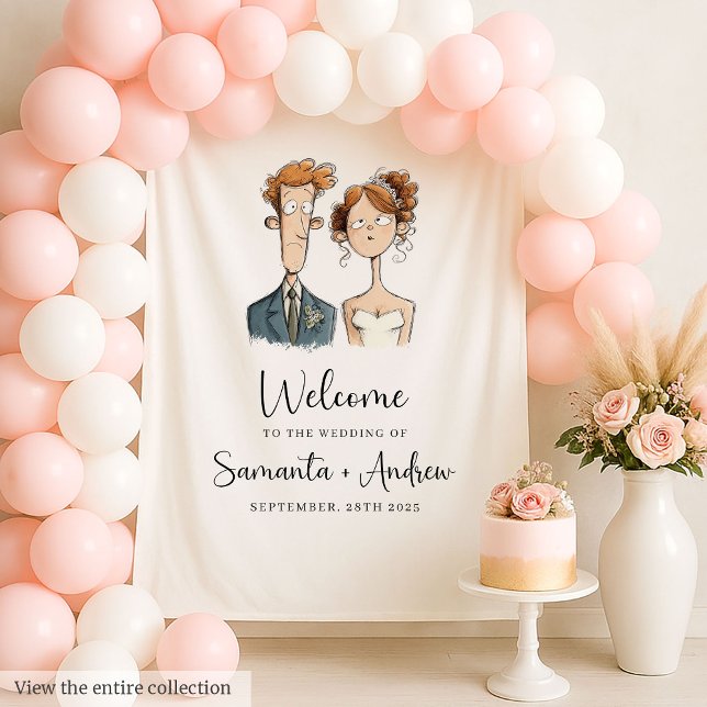 Quirky Bride and Groom Wedding Backdrop Watercolor Tapestry (Quirky Bride and Groom Wedding Backdrop Watercolor)