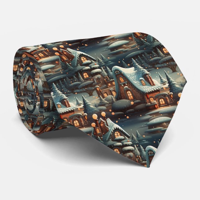 Quirky Brown and Blue Gingerbread House Pattern Tie (Rolled)