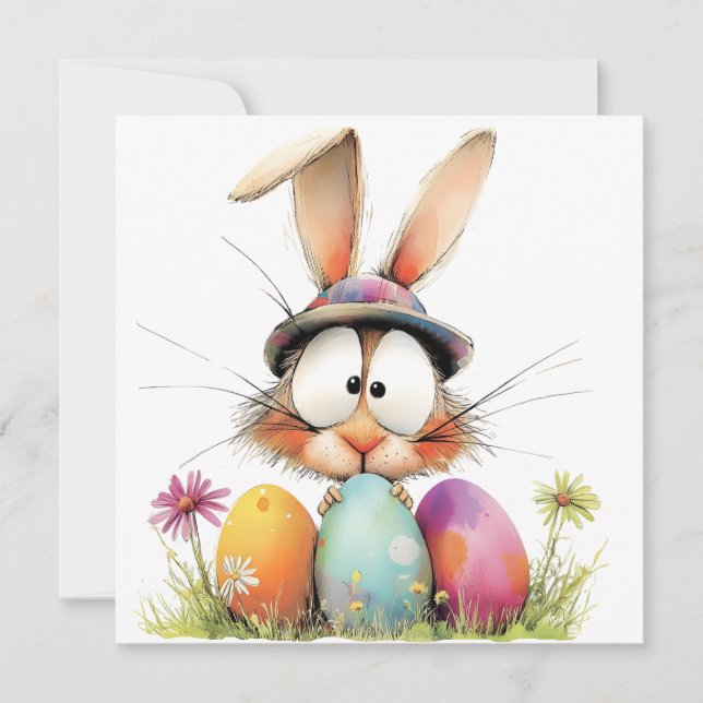 Quirky Bunny with Decorated Eggs Easter Greeting Card (Front)