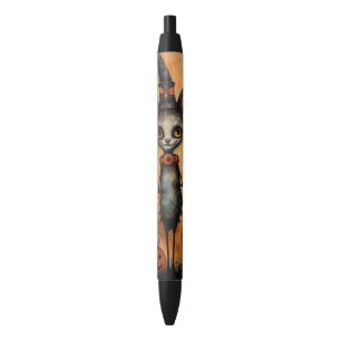 Quirky Cat in a Witch Hat Halloween Writing Black Ink Pen
