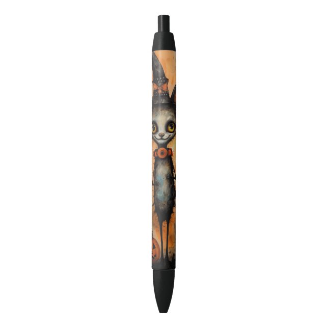 Quirky Cat in a Witch Hat Halloween Writing Black Ink Pen (Front Vertical)