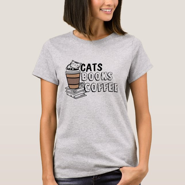 Quirky Cat Lover Tee - Cats, Books, and Coffee (Front)