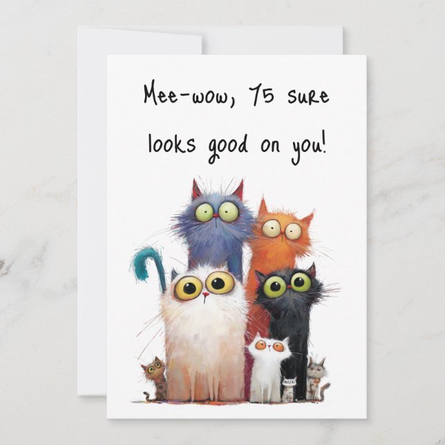 Quirky Cats with Big Eyes 75th Birthday Flat Card (Front)