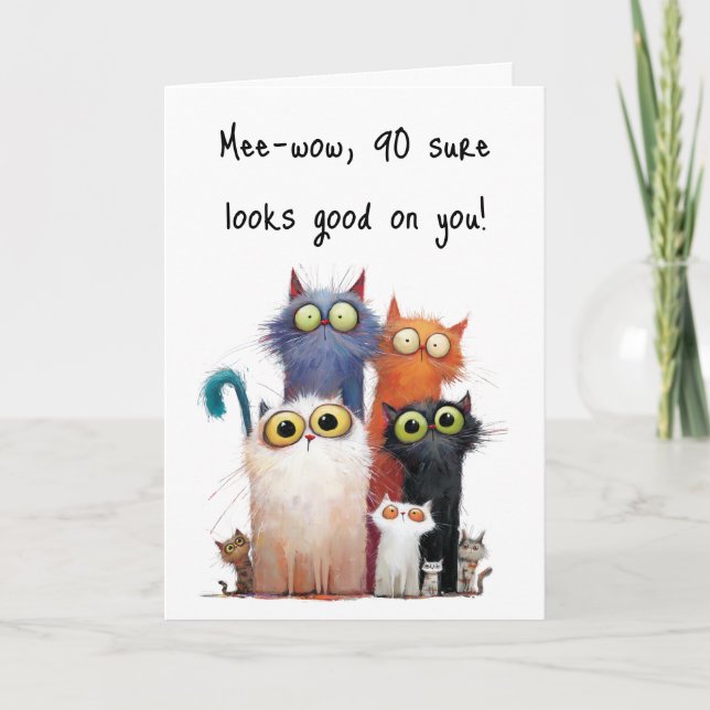 Quirky Cats with Big Eyes 90th Birthday Greeting Card (Front)
