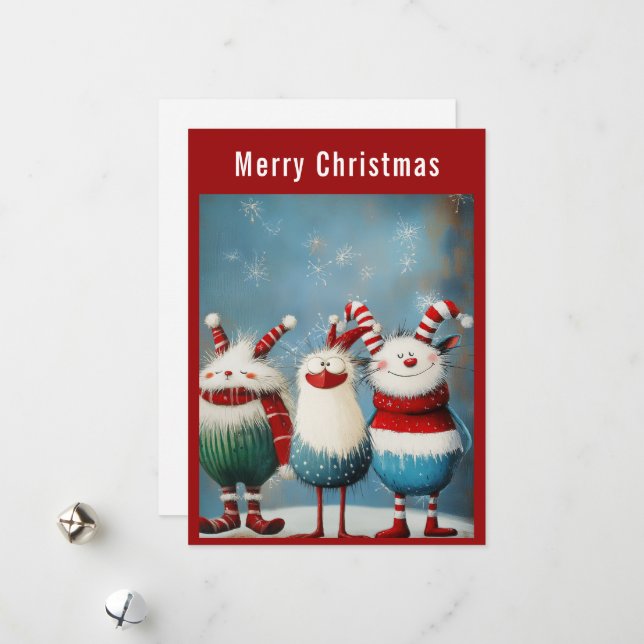 Quirky Christmas Creatures Holiday Card (Front/Back In Situ)