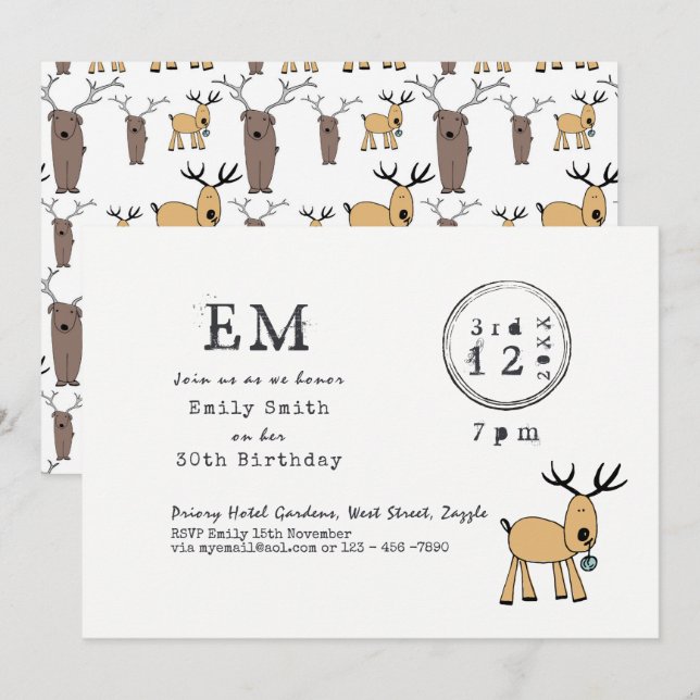 Quirky Christmas Party - Reindeer Doodle Typeset Invitation (Front/Back)