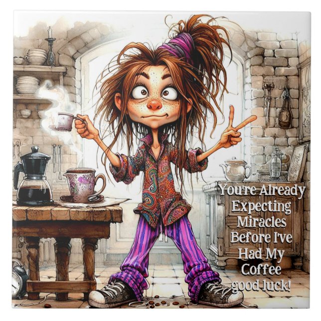 Quirky Coffee Lady Expectations Ceramic Tile (Front)