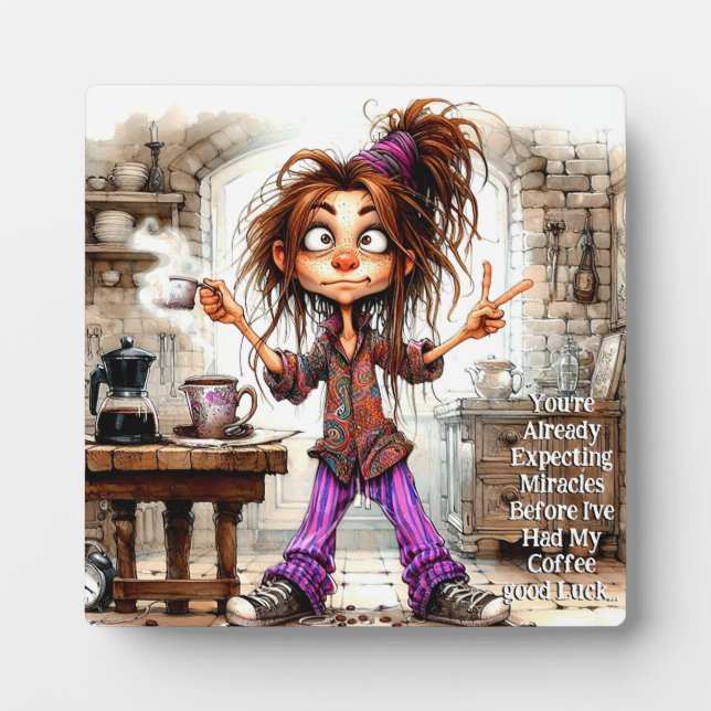 Quirky Coffee Lady Good Luck Plaque with Easel (Front)