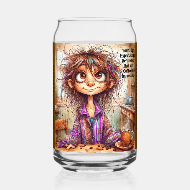 Quirky Coffee Lady High Expectations Drinkware Set Can Glass (Front)