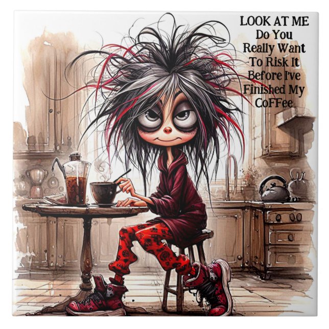 Quirky Coffee Lady Risk It Ceramic Tile (Front)