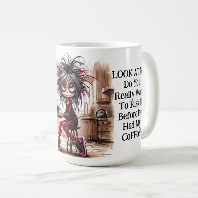 Quirky Coffee Lady Risk It Mug (Front Right)