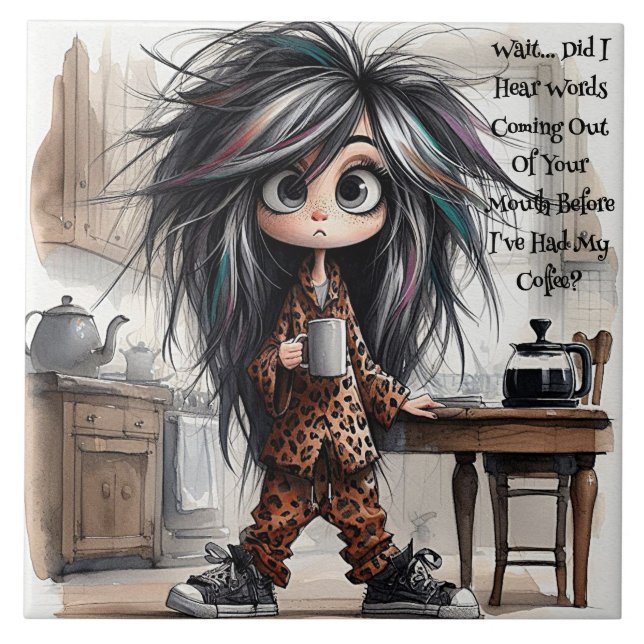 Quirky Coffee Lady Wait Ceramic Tile (Front)