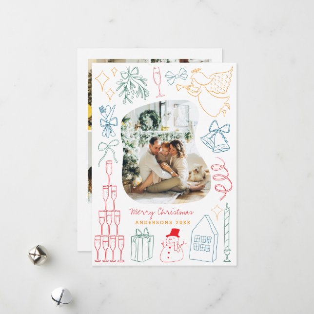 Quirky Colourful Christmas Photo Hand drawn Doodle Holiday Card (Front/Back In Situ)