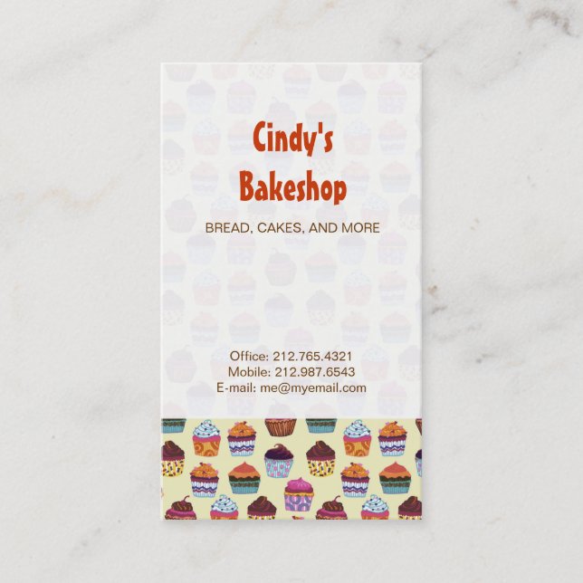 Quirky Colourful Cupcakes Illustration Pattern Business Card (Front)