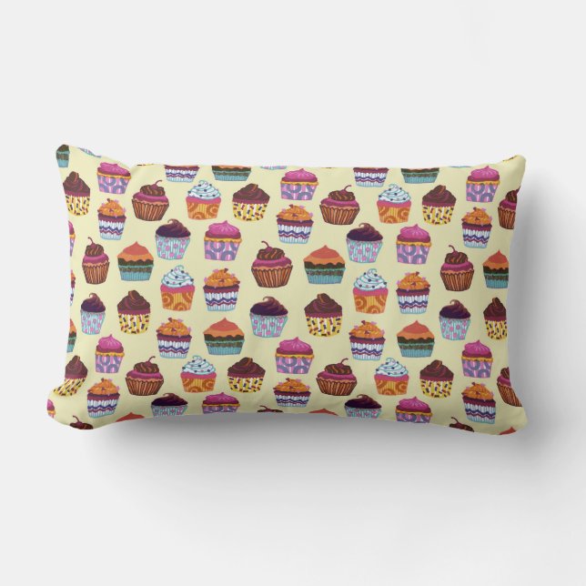 Quirky Colourful Cupcakes Illustration Pattern Lumbar Pillow (Front)