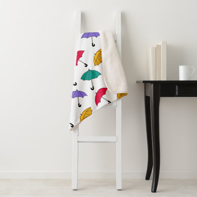 Quirky Colourful Falling Umbrellas Pattern Sherpa Blanket (In Situ)