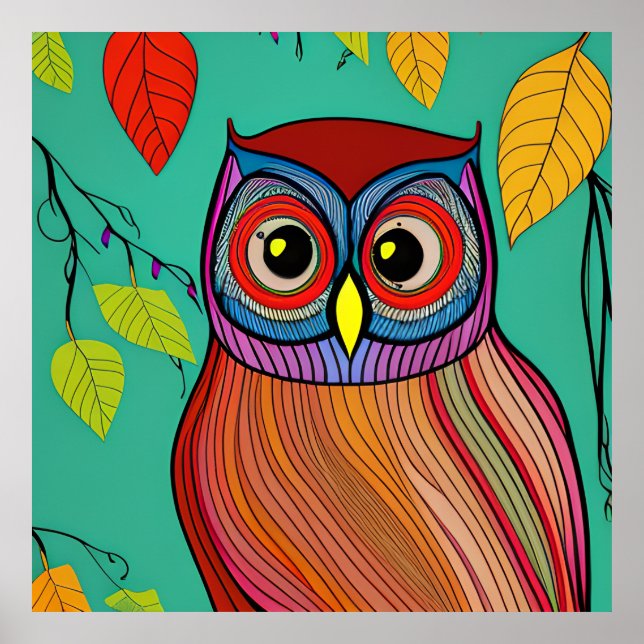 Quirky Colourful Folk Art Abstract Owl Poster (Front)