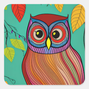 Quirky Colourful Folk Art Abstract Owl Square Sticker