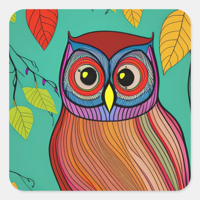Quirky Colourful Folk Art Abstract Owl Square Sticker (Front)