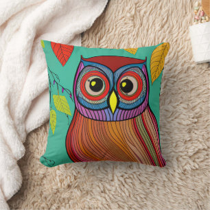 Quirky Colourful Folk Art Abstract Owl Throw Pillow