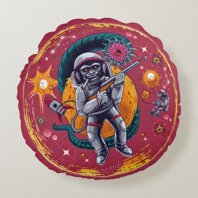 Quirky Colourful Monkeys in Space Round Pillow (Front)