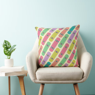 Quirky Colourful Skateboard Pattern Throw Pillow