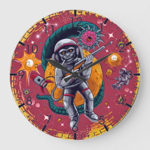 Quirky Colourful Space Monkeys Illustration Large Clock