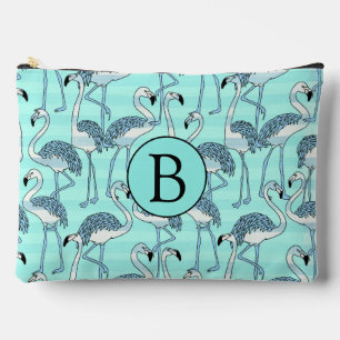 Quirky Cool Striped Blue Flamingo Pattern Monogram Accessory Pouch