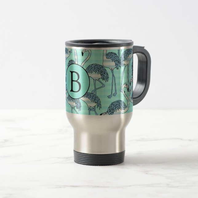 Quirky Cool Striped Blue Flamingo Pattern Monogram Travel Mug (Front Right)