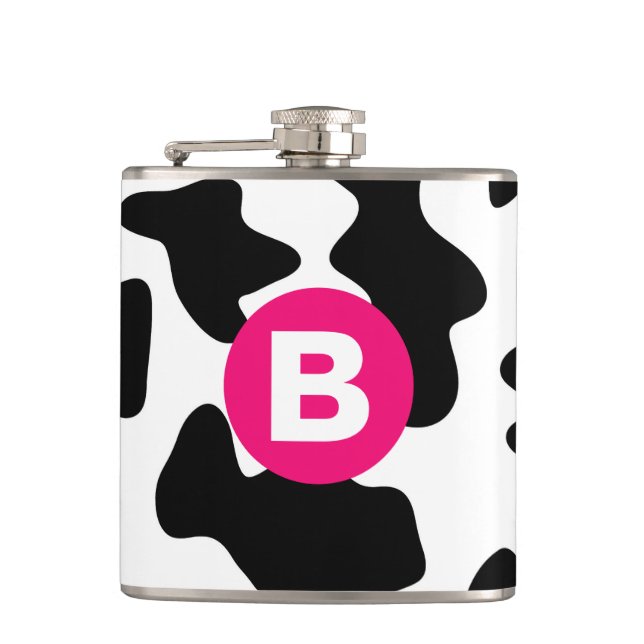 Quirky Cow Patch Pattern Pink Monogram Hip Flask (Front)