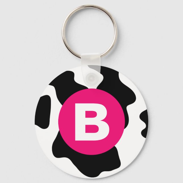 Quirky Cow Patch Pattern Pink Monogram Keychain (Front)