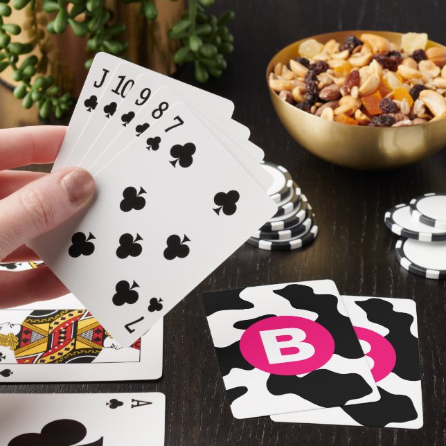 Quirky Cow Patch Pattern Pink Monogram Playing Cards (In Situ)