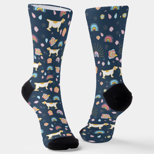 Quirky Cute Dog and Rainbow Pattern Blue Socks (Angled)