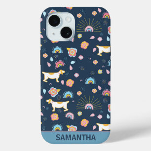 Quirky Cute Dog Rainbow Pattern Blue Personalised iPhone 15 Case
