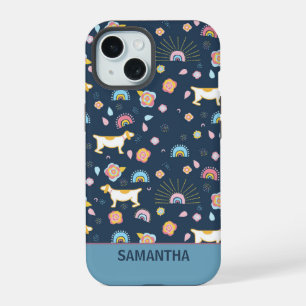 Quirky Cute Dog Rainbow Pattern Blue Personalised iPhone 15 Case