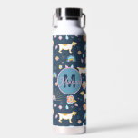 Quirky Cute Dog Rainbow Pattern Blue Personalised Water Bottle<br><div class="desc">Cute navy blue design with a quirky dog and rainbow repeat pattern.</div>
