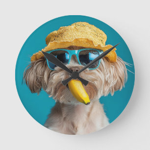 Quirky Dog Wall Clock with Sunglasses, Hat, and Ba